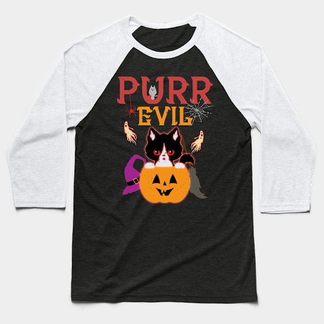 Purr Evil Cat Halloween Baseball T-Shirt by alcoshirts